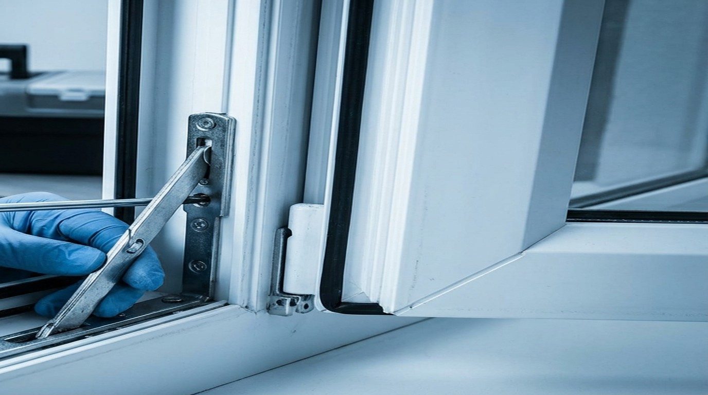 Specialist repairing a door lock and handle mechanism