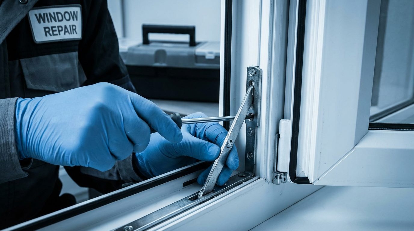 Window repair specialist adjusting a uPVC window mechanism